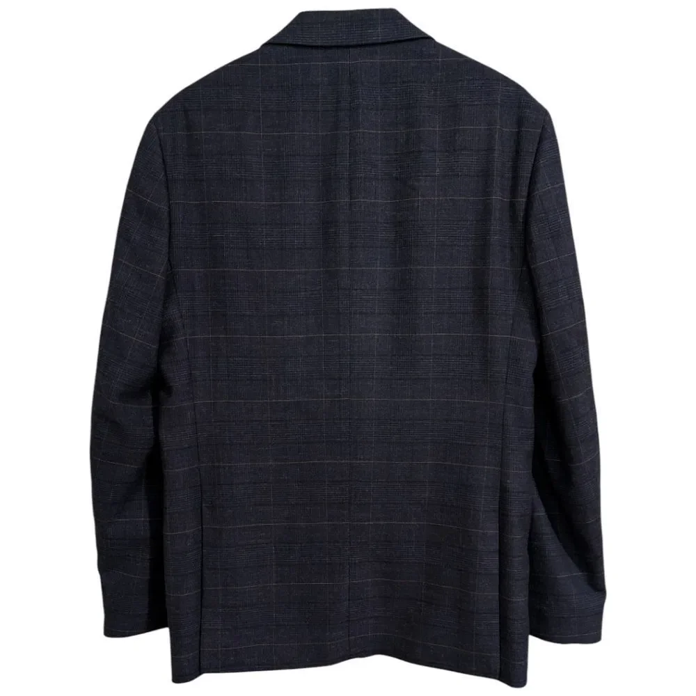 MOSS (Moss Bros) Navy Windowpane Plaid Blazer 44L Tailored Fit